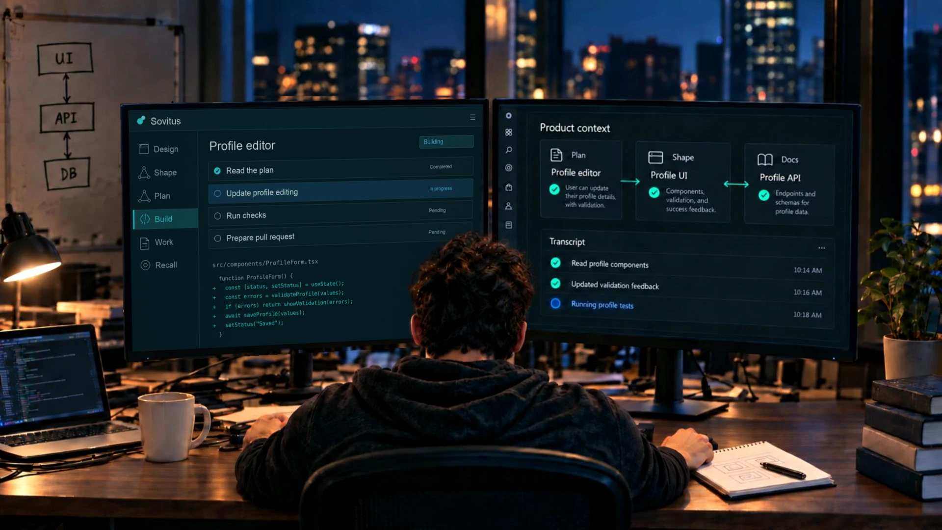 The developer directs an AI build with its plan, product shape and documentation in context.