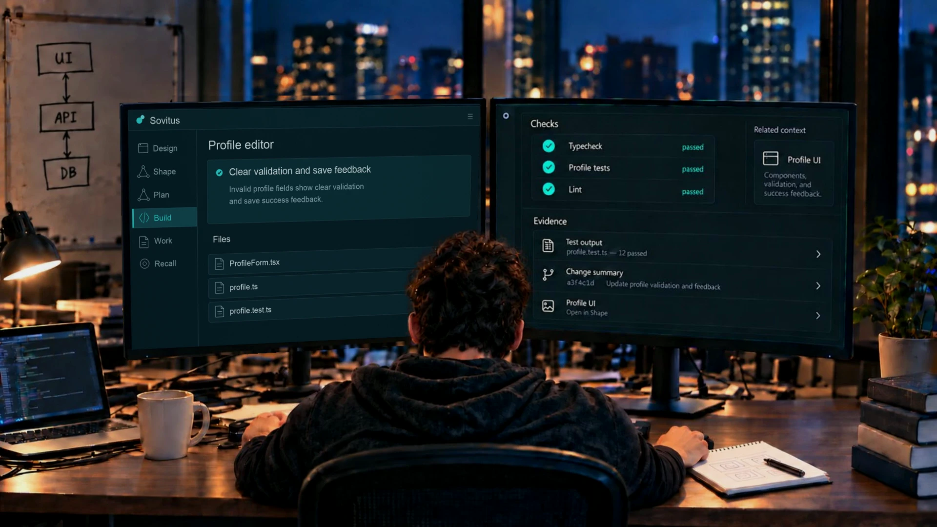 Passed checks and change evidence sit beside the product context on the monitors.