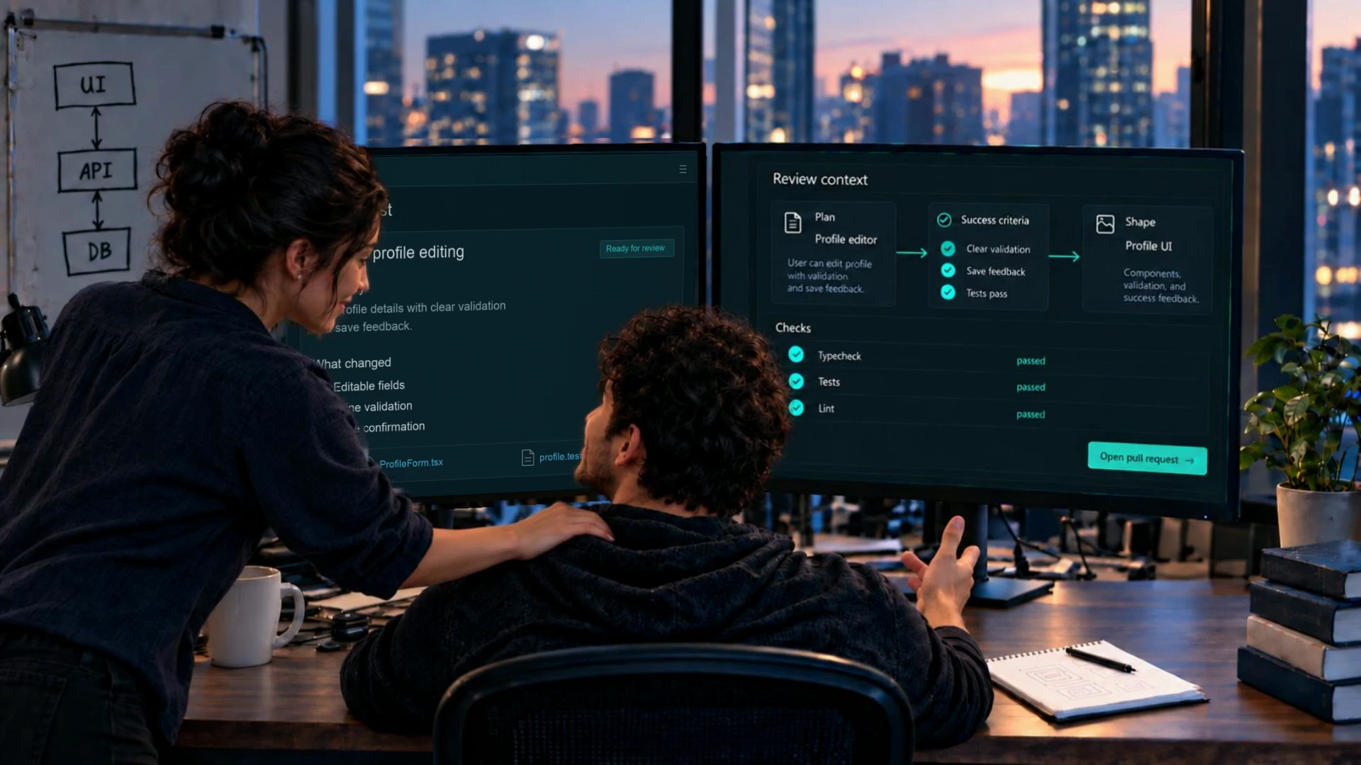 A colleague joins the developer to review a pull request together, with the plan and checks in view.